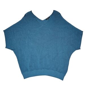 Lafayette 148 New York Teal Ribbed Knit Dolman V-neck Boxy Sweater XL Lagenlook
